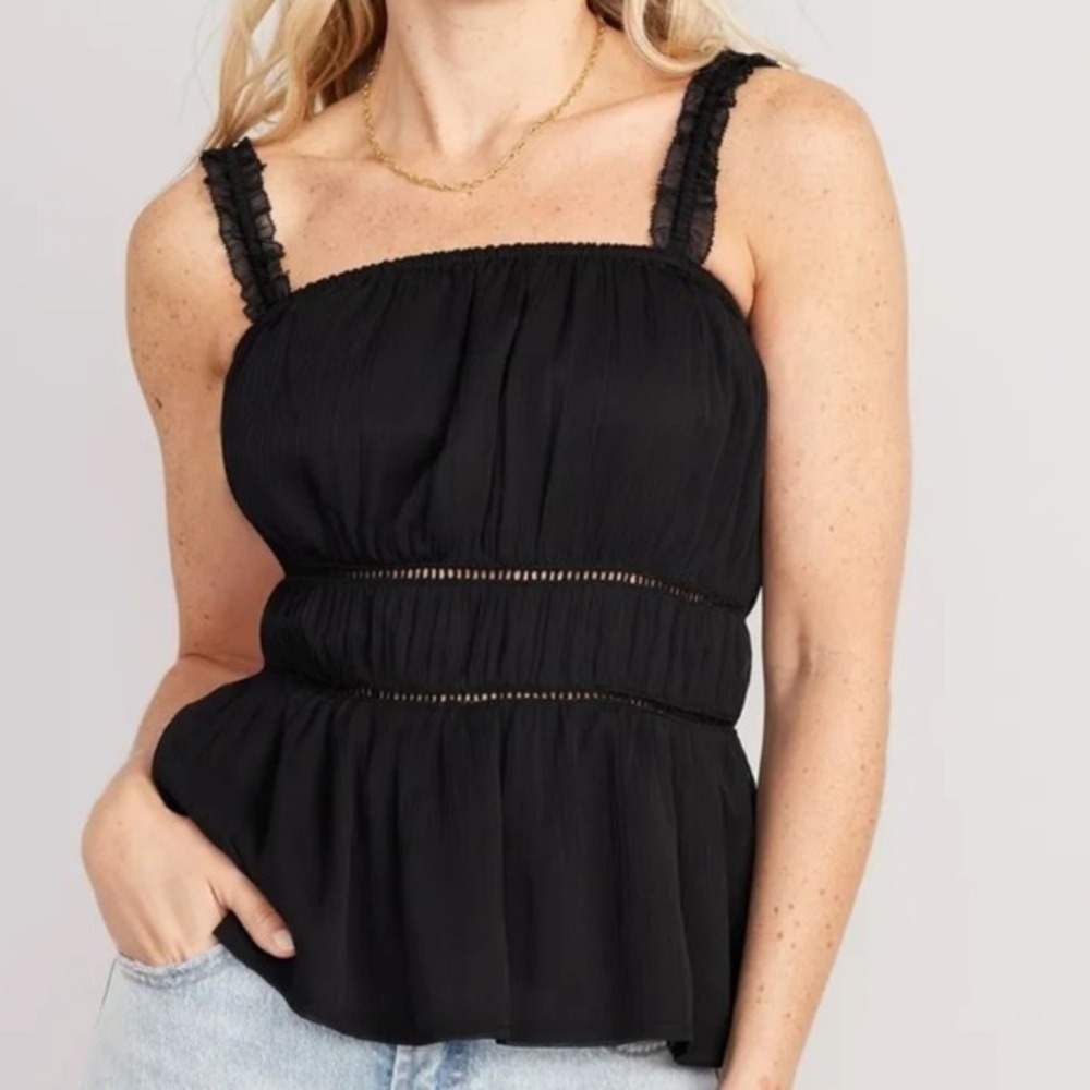 Old Navy Black Smocked Peplum Top Ruffle Strap Sleeveless Blouse Square Neck